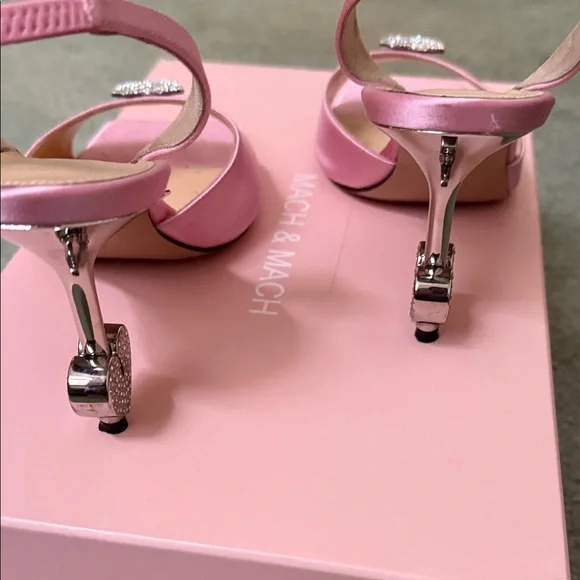 MACH & MACH Pink Satin Heels with Heart Detail - Picture 3 of 6